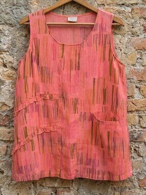 Click C.M.C. L 100% Linen Blouse Top Shirt Ruffle Pocket Print Pink Sleeveless